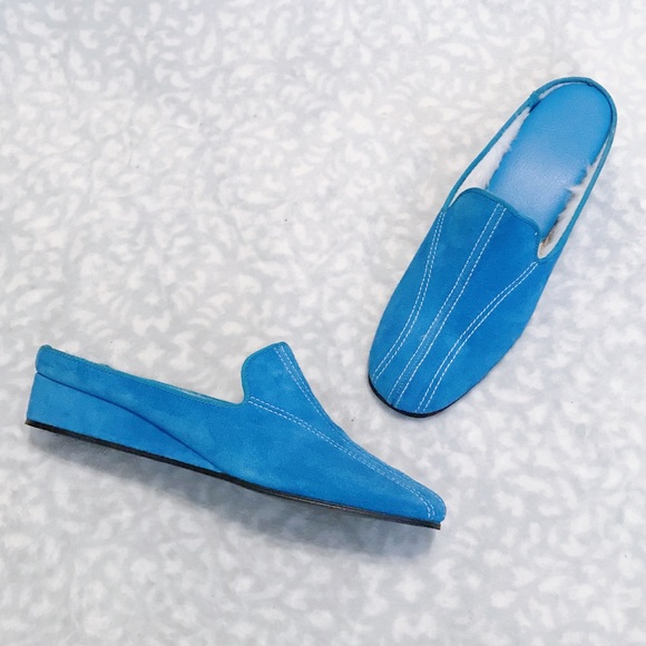 Vintage Shoes - Vintage Leather Mules Blue Suede Fur Lined Slipper